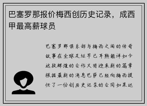 巴塞罗那报价梅西创历史记录，成西甲最高薪球员